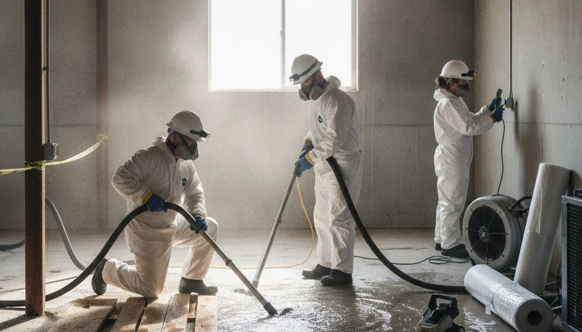 Water damage restoration crew cleaning up burst pipe damage in Birmingham, AL home