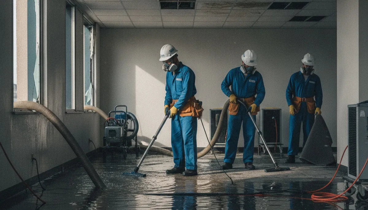Commercial water damage restoration crew in Birmingham, AL drying and repairing a flooded property