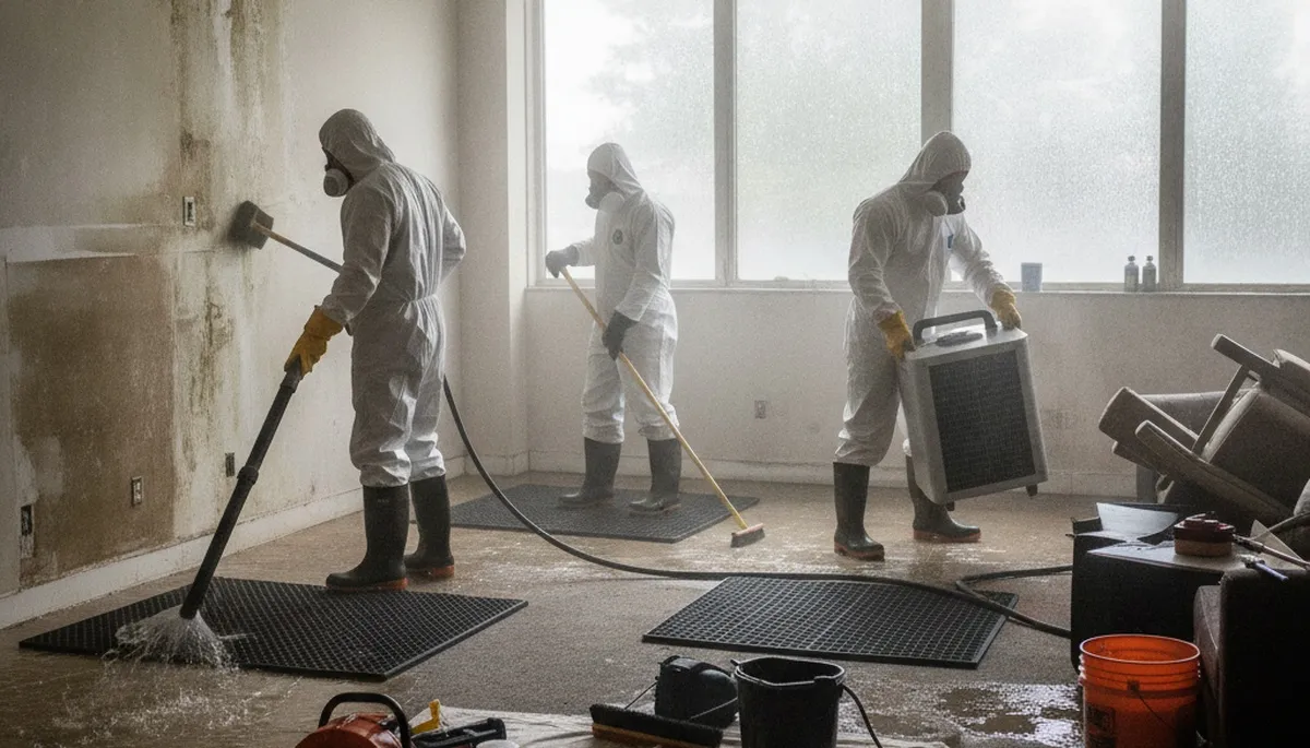 Flood damage cleanup crew removing standing water in Birmingham, AL home