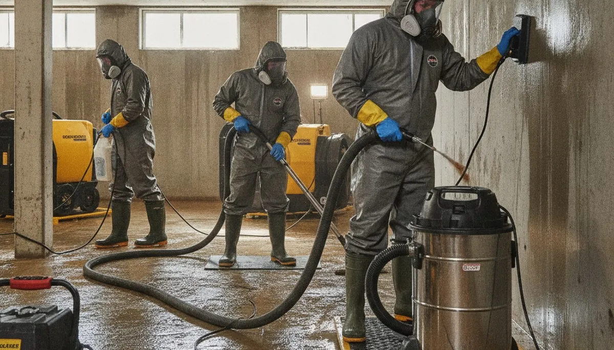 Birmingham, AL sewage cleanup team removing contaminated water from a flooded home interior