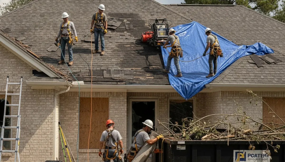 Storm damage restoration crew repairing Birmingham, AL home after flooding and rain damage