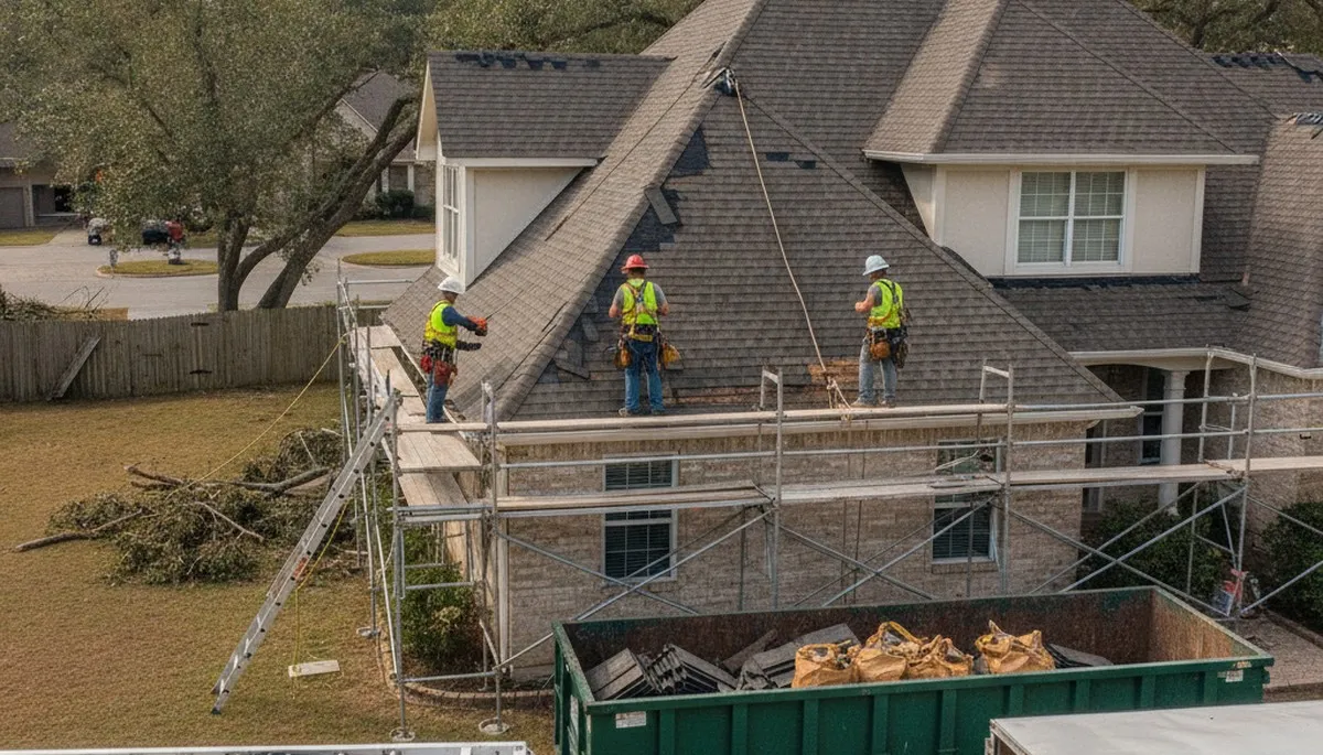 Storm damage restoration team securing a Birmingham, AL home after flooding and wind damage