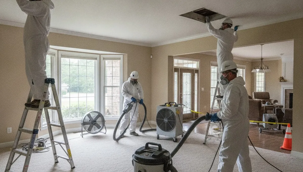 Water damage restoration crew in Birmingham, AL inspecting flood cleanup equipment