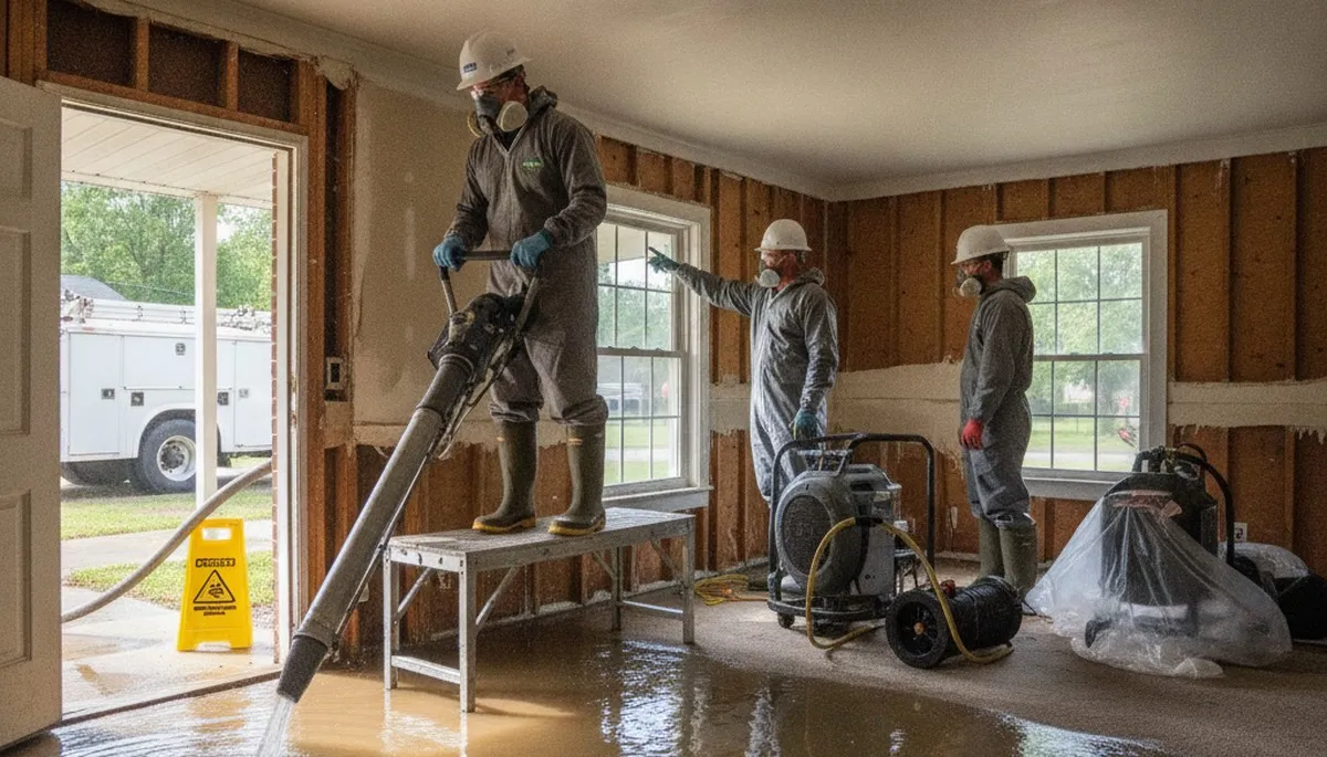 Water damage restoration crew in Birmingham, AL inspecting flooded property and drying equipment
