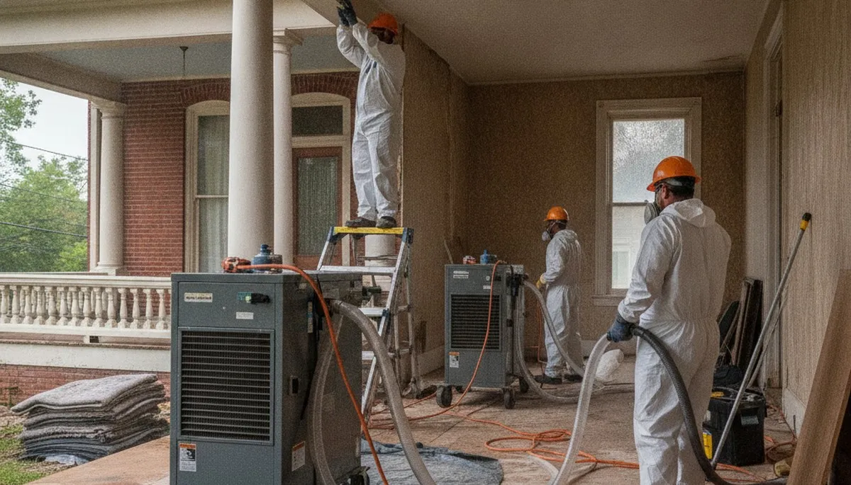 Water damage restoration team in Birmingham, AL inspecting moisture damage and cleanup equipment