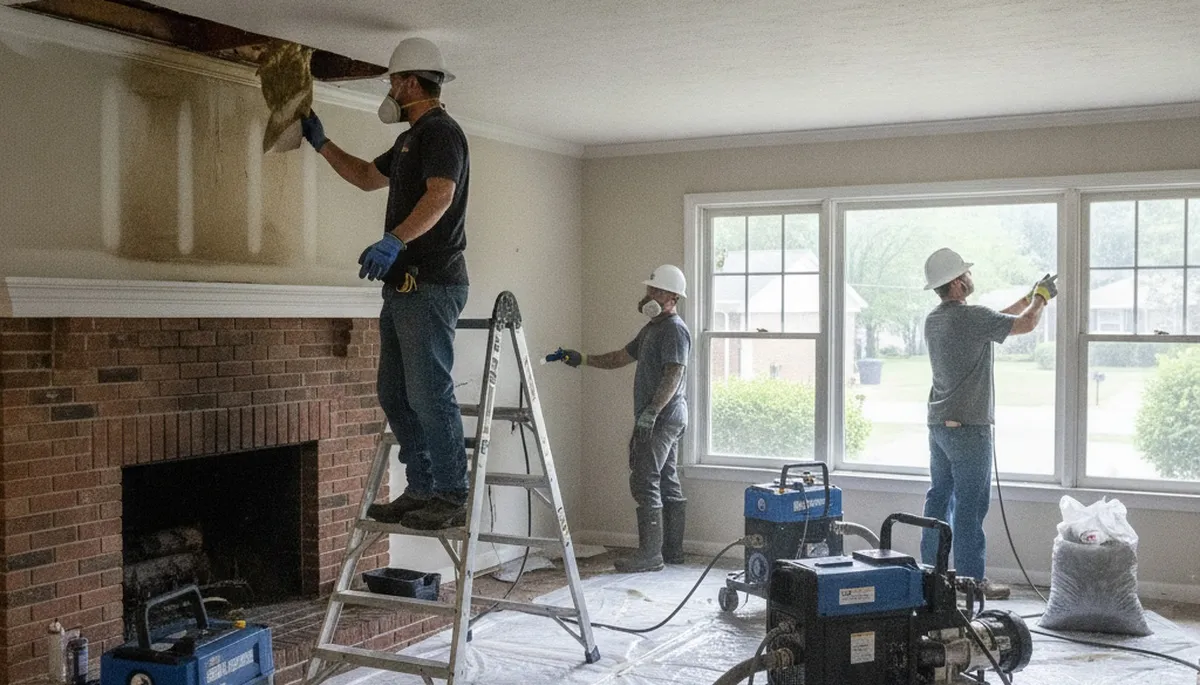 Water damage restoration crew in Birmingham, AL inspecting commercial flood damage and cleanup area
