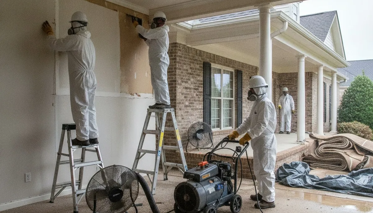 Water damage restoration team in Birmingham, AL inspecting a flooded home and damaged flooring