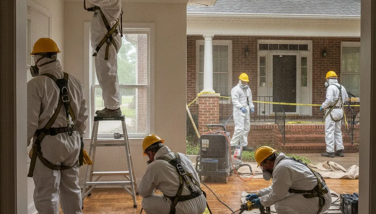 Water damage restoration crew in Birmingham, AL inspecting flooded property and starting cleanup