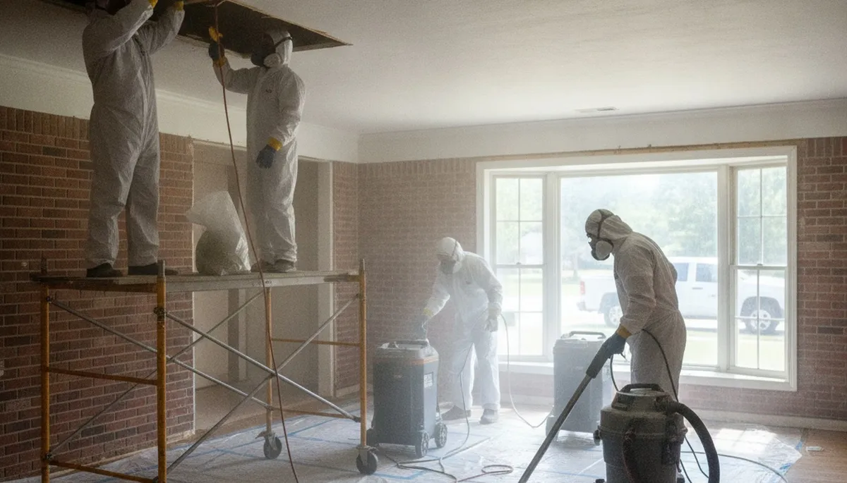 Water damage restoration crew in Birmingham, AL inspecting flood damage and cleanup work