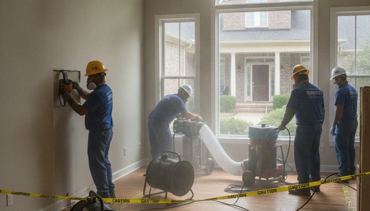 Water damage restoration technicians serving Birmingham, AL with professional cleanup equipment