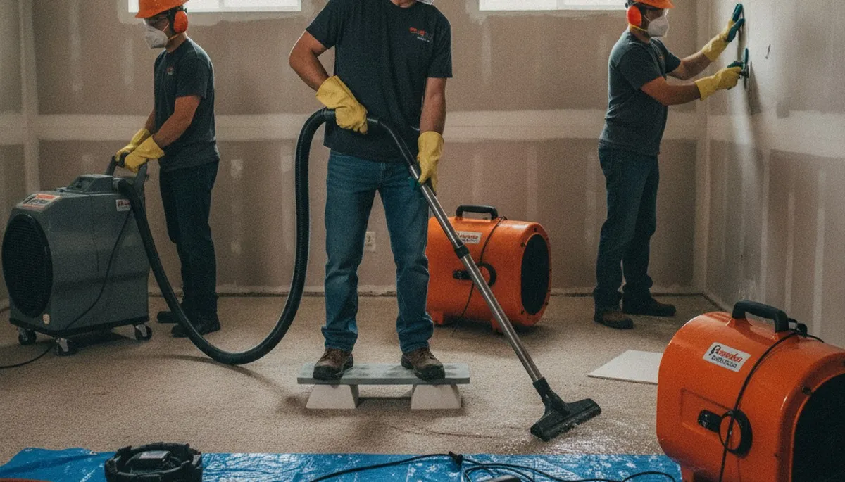 Water damage restoration crew in Birmingham, AL extracting water from a flooded home interior