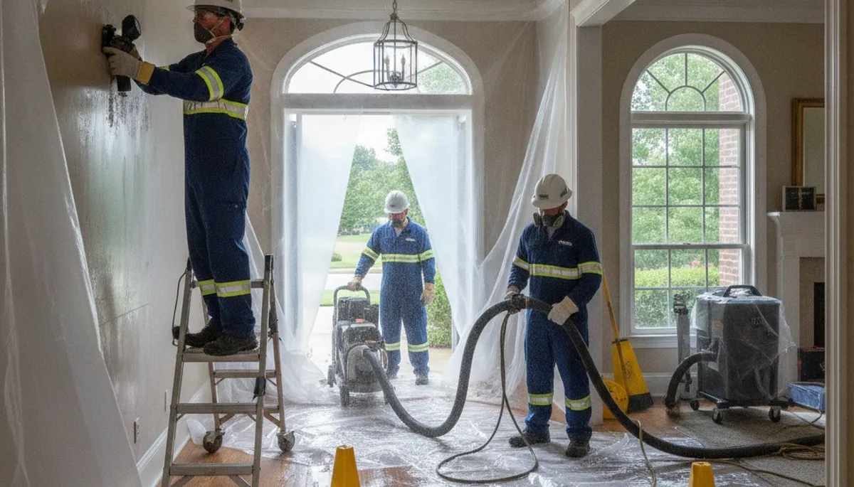 Water damage restoration crew in Birmingham, AL inspecting flood damage in a home