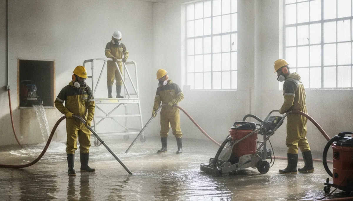 Water extraction crew removing standing water from a Birmingham, AL home after flooding