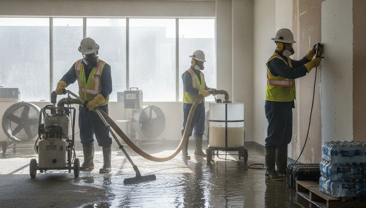 Water extraction technician removing standing water from a Birmingham, AL home after flooding